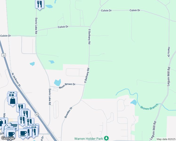 map of restaurants, bars, coffee shops, grocery stores, and more near South Bethany Road in Locust Grove