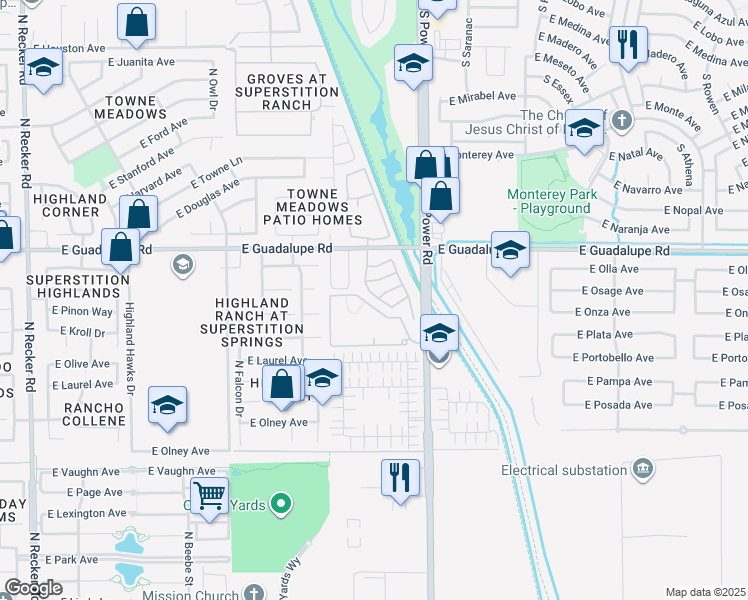 map of restaurants, bars, coffee shops, grocery stores, and more near 706 North Blackbird Drive in Gilbert