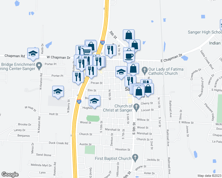 map of restaurants, bars, coffee shops, grocery stores, and more near 805 Elm Street in Sanger