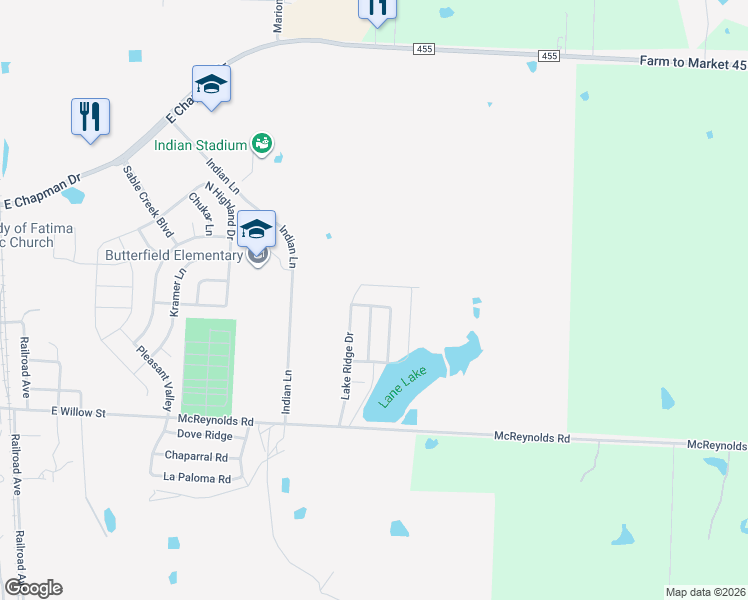 map of restaurants, bars, coffee shops, grocery stores, and more near 4007 Park Lane in Sanger