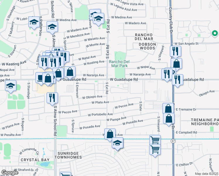 map of restaurants, bars, coffee shops, grocery stores, and more near 2855 South Extension Road in Mesa