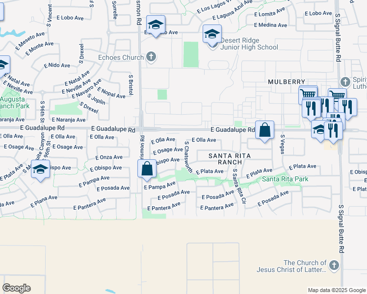 map of restaurants, bars, coffee shops, grocery stores, and more near 2848 South Chatsworth in Mesa