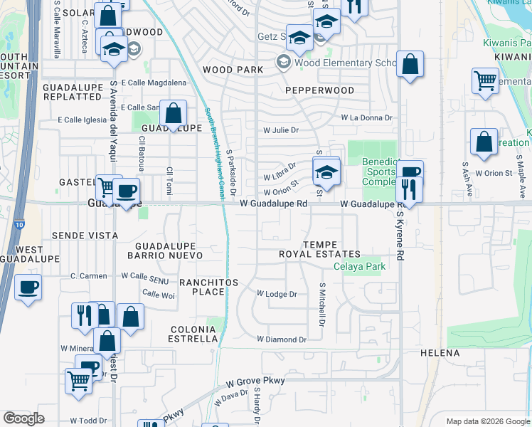 map of restaurants, bars, coffee shops, grocery stores, and more near 6403 South Hardy Drive in Tempe