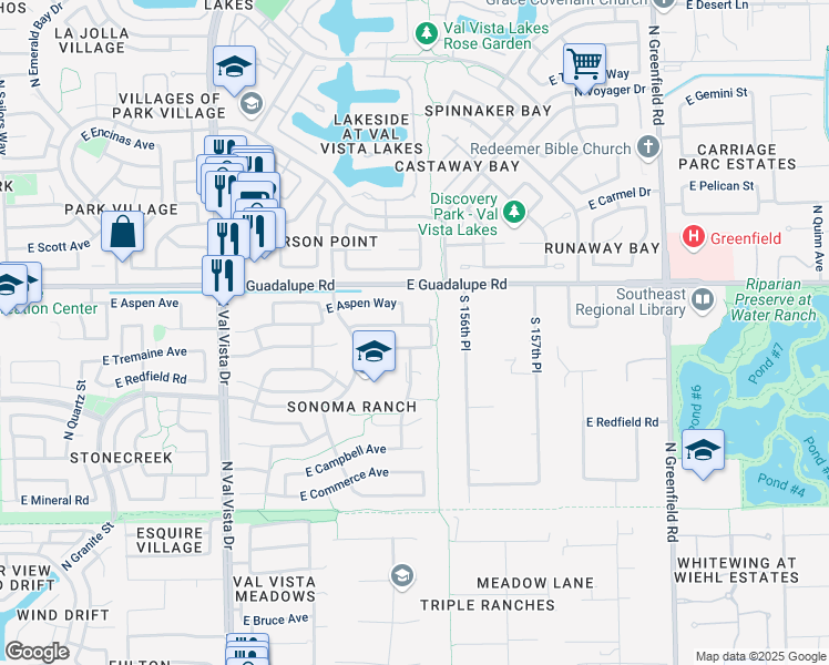 map of restaurants, bars, coffee shops, grocery stores, and more near 1905 East Barbarita Avenue in Gilbert