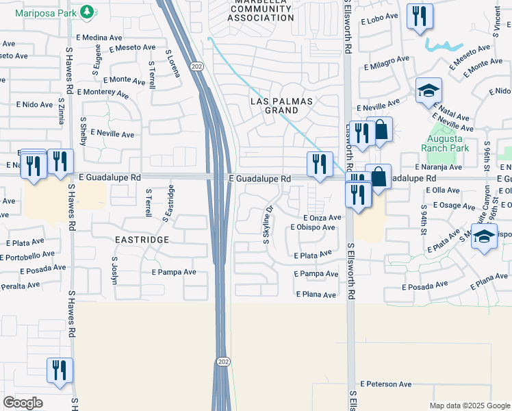 map of restaurants, bars, coffee shops, grocery stores, and more near 8915 East Guadalupe Road in Mesa