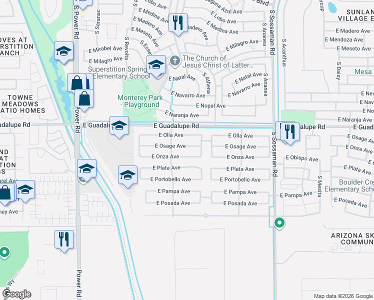 map of restaurants, bars, coffee shops, grocery stores, and more near 7236 East Onza Avenue in Mesa
