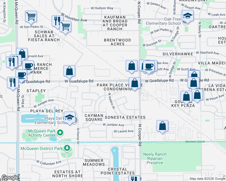 map of restaurants, bars, coffee shops, grocery stores, and more near 700-772 North Velero Street in Gilbert