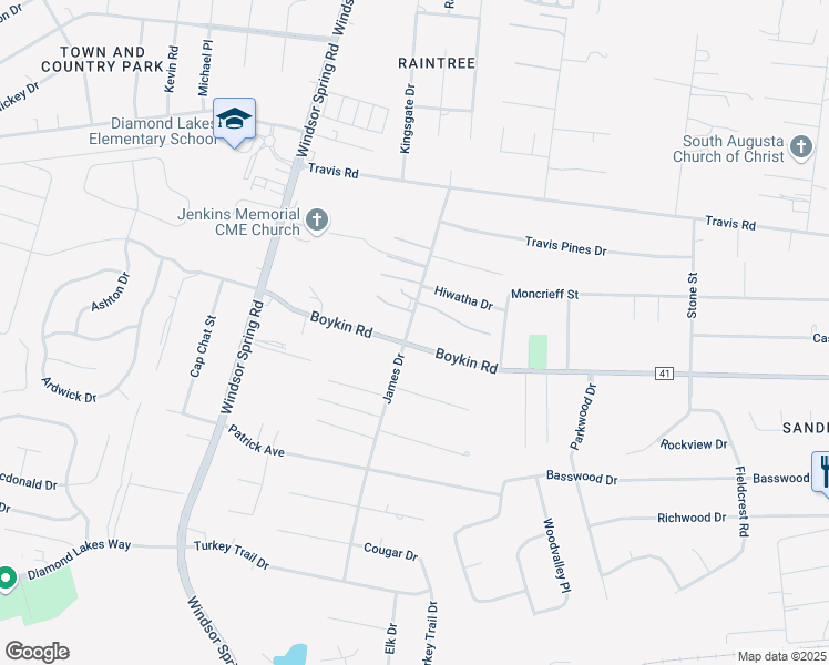 map of restaurants, bars, coffee shops, grocery stores, and more near 2383 Boykin Road in Augusta