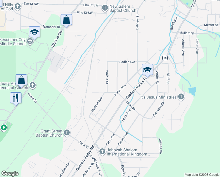 map of restaurants, bars, coffee shops, grocery stores, and more near 840 Walnut Street in Bessemer