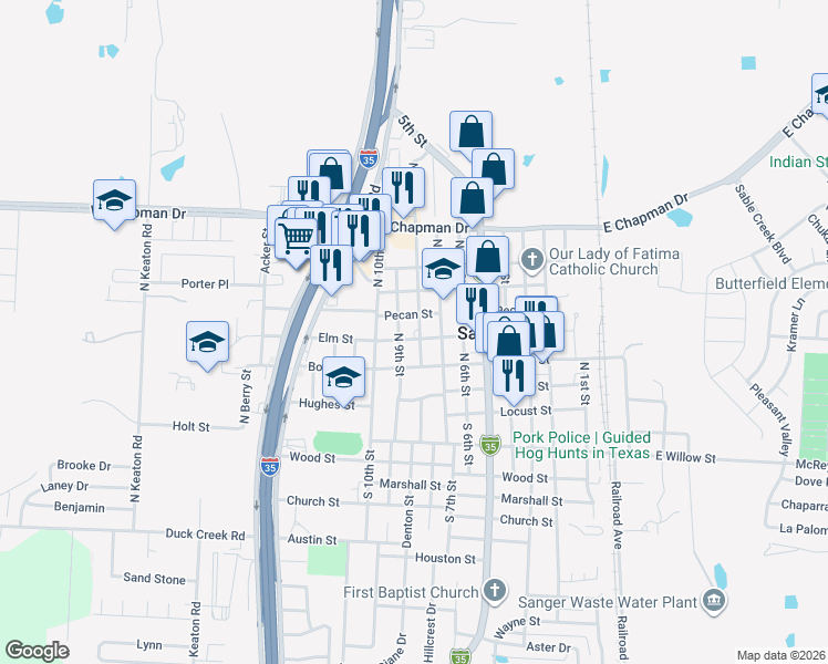 map of restaurants, bars, coffee shops, grocery stores, and more near 710 Elm Street in Sanger