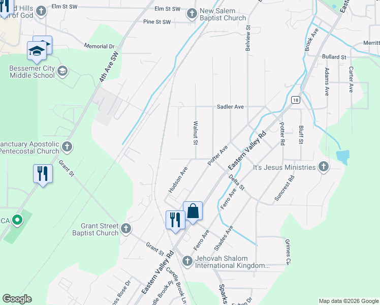 map of restaurants, bars, coffee shops, grocery stores, and more near 840 Walnut Street in Bessemer