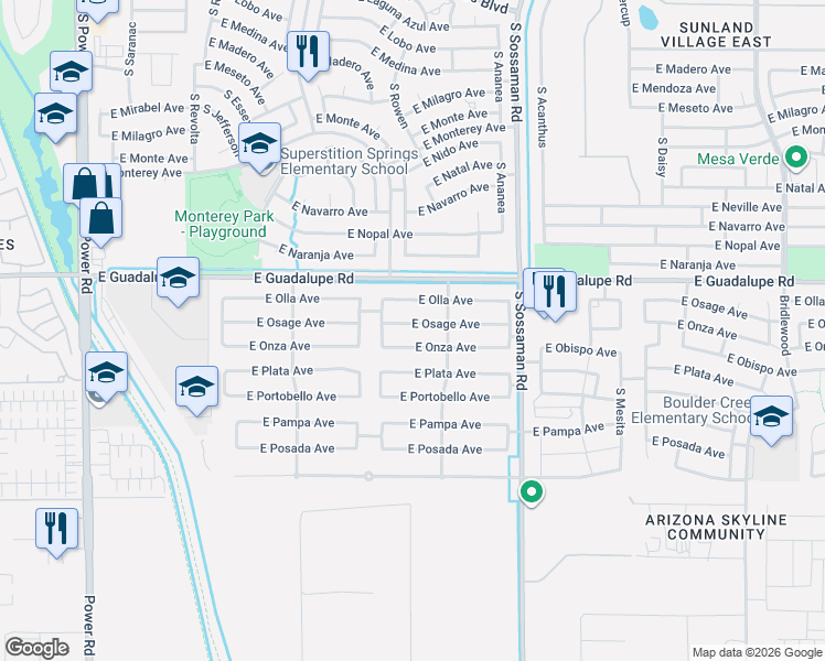 map of restaurants, bars, coffee shops, grocery stores, and more near 7362 East Onza Avenue in Mesa