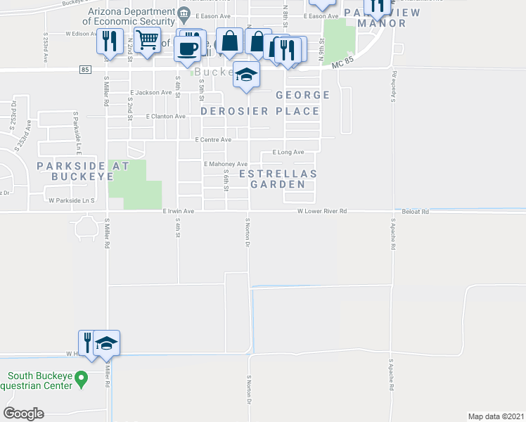 map of restaurants, bars, coffee shops, grocery stores, and more near 21418 West Beloat Road in Buckeye