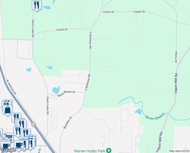 map of restaurants, bars, coffee shops, grocery stores, and more near 442 South Bethany Road in Locust Grove