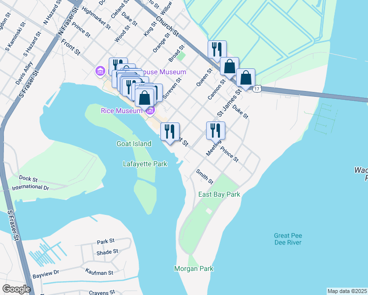 map of restaurants, bars, coffee shops, grocery stores, and more near 411 Front Street in Georgetown
