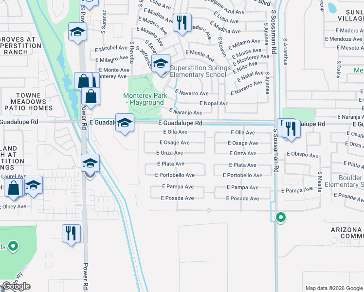 map of restaurants, bars, coffee shops, grocery stores, and more near 7204 East Onza Avenue in Mesa