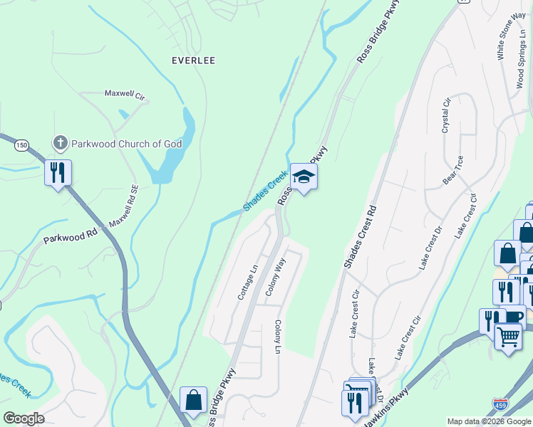 map of restaurants, bars, coffee shops, grocery stores, and more near 5210 Cottage Circle in Birmingham
