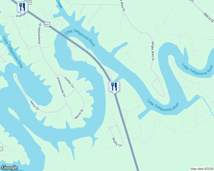 map of restaurants, bars, coffee shops, grocery stores, and more near 289 Pleasure Point Road in Wedowee