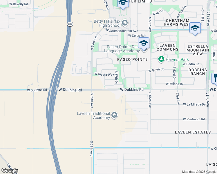 map of restaurants, bars, coffee shops, grocery stores, and more near 5741 West Milada Drive in Phoenix
