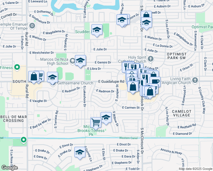 map of restaurants, bars, coffee shops, grocery stores, and more near 1405 East Guadalupe Road in Tempe