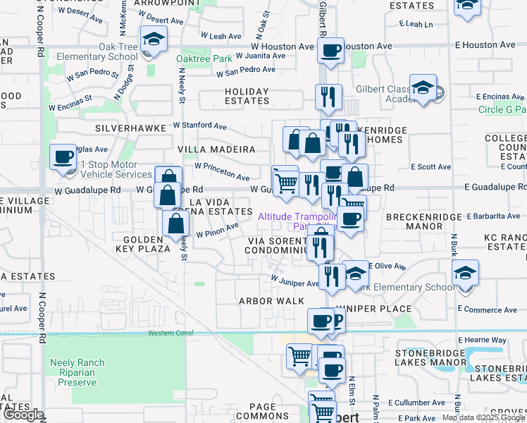 map of restaurants, bars, coffee shops, grocery stores, and more near 201 West Guadalupe Road in Gilbert