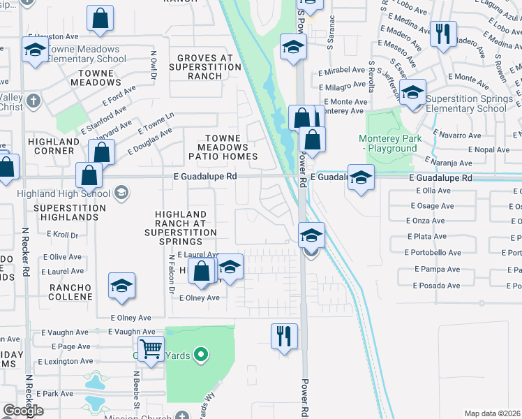 map of restaurants, bars, coffee shops, grocery stores, and more near 706 North Blackbird Drive in Gilbert