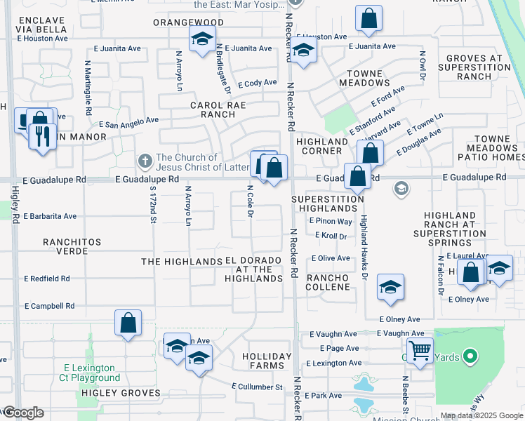 map of restaurants, bars, coffee shops, grocery stores, and more near 3920 East Pinon Court in Gilbert