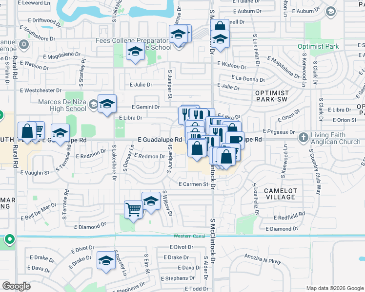 map of restaurants, bars, coffee shops, grocery stores, and more near 6441 South Butte Avenue in Tempe
