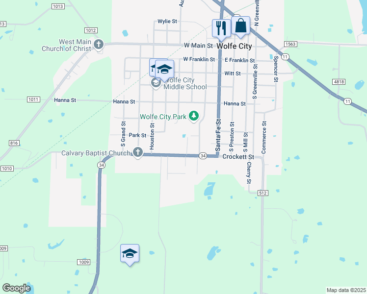 map of restaurants, bars, coffee shops, grocery stores, and more near 300 Crockett Street in Wolfe City