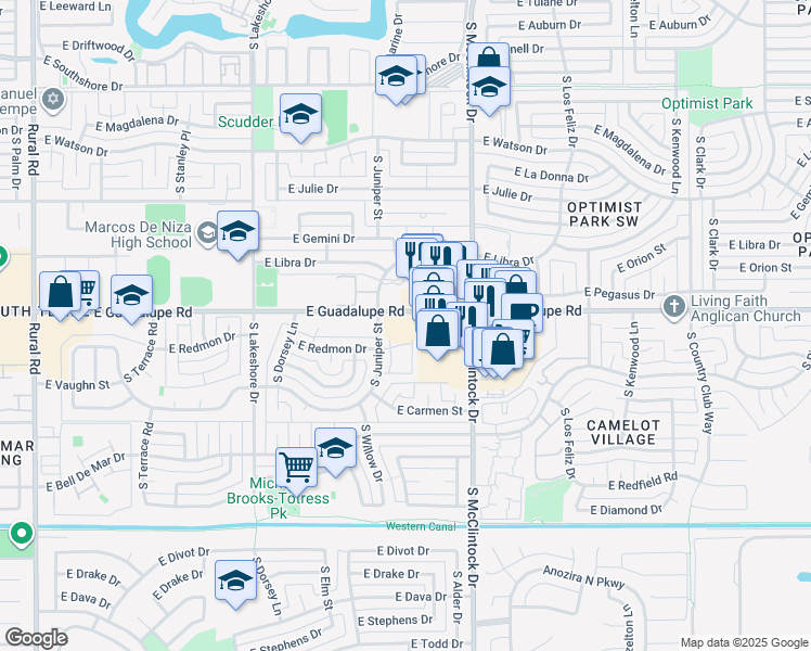 map of restaurants, bars, coffee shops, grocery stores, and more near 6441 South Butte Avenue in Tempe