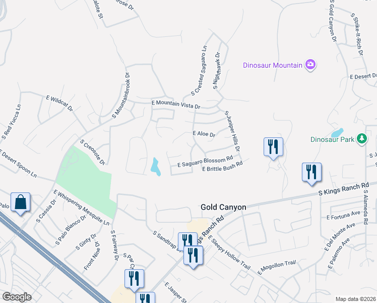 map of restaurants, bars, coffee shops, grocery stores, and more near 5696 South Desert Marigold Drive in Gold Canyon