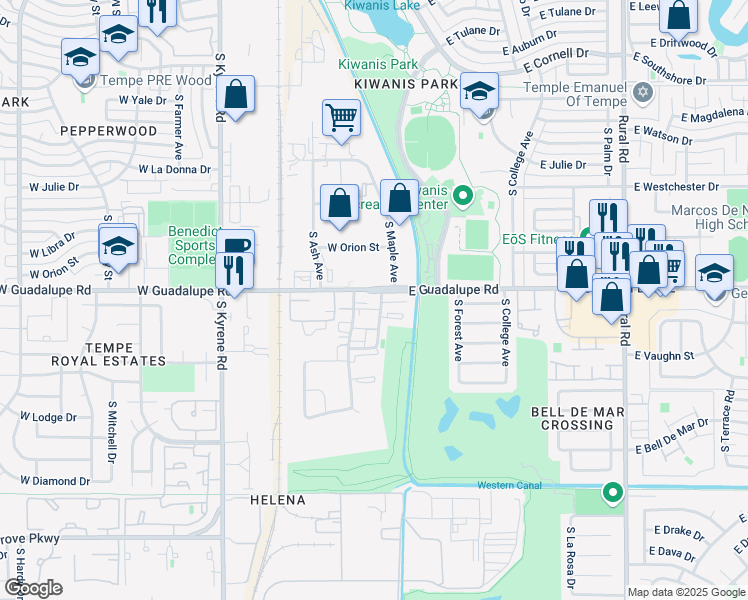 map of restaurants, bars, coffee shops, grocery stores, and more near 6422 South Maple Avenue in Tempe