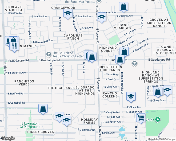map of restaurants, bars, coffee shops, grocery stores, and more near 3920 East Pinon Court in Gilbert