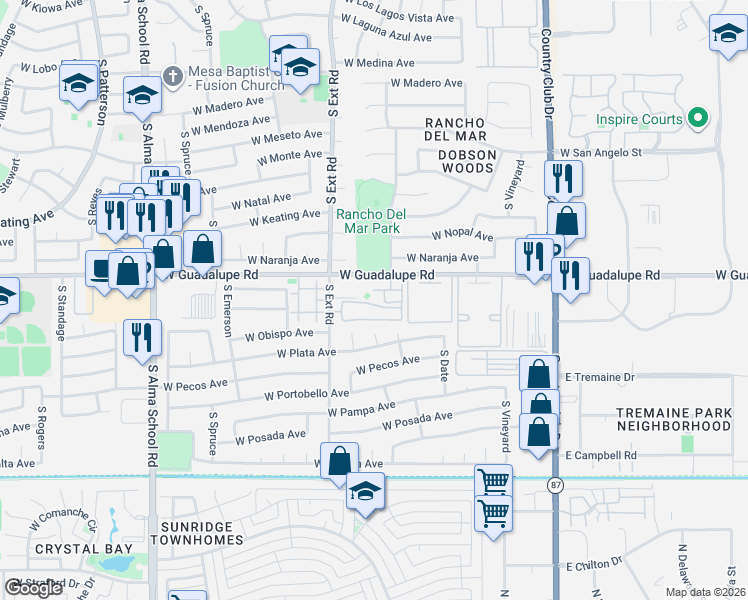 map of restaurants, bars, coffee shops, grocery stores, and more near 653 West Guadalupe Road in Mesa