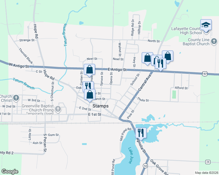 map of restaurants, bars, coffee shops, grocery stores, and more near 501-599 Opera Street in Stamps