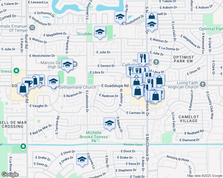 map of restaurants, bars, coffee shops, grocery stores, and more near 1405 East Guadalupe Road in Tempe