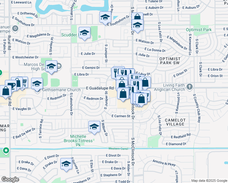 map of restaurants, bars, coffee shops, grocery stores, and more near 6441 South Butte Avenue in Tempe