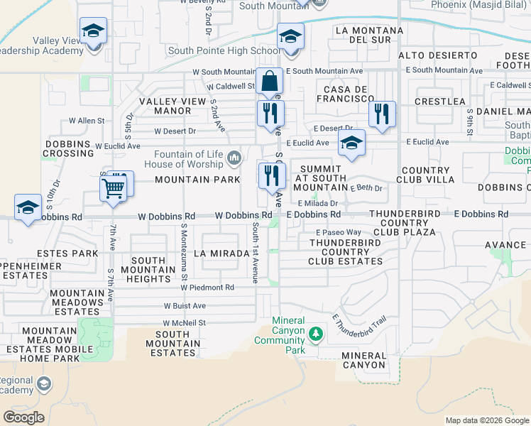 map of restaurants, bars, coffee shops, grocery stores, and more near 4 West Thurman Drive in Phoenix