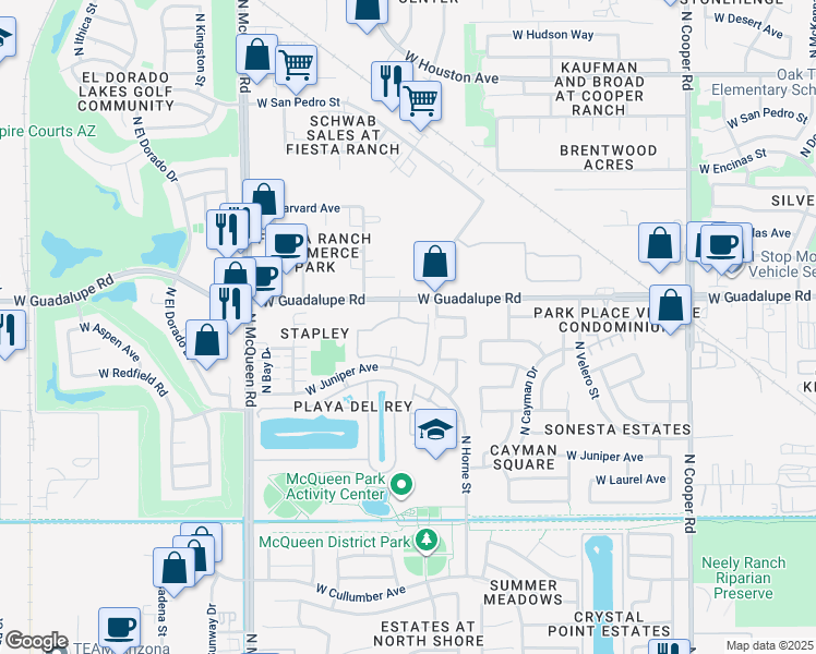 map of restaurants, bars, coffee shops, grocery stores, and more near 1333 West Guadalupe Road in Gilbert