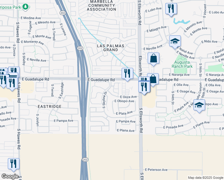 map of restaurants, bars, coffee shops, grocery stores, and more near 8944 East Obispo Avenue in Mesa
