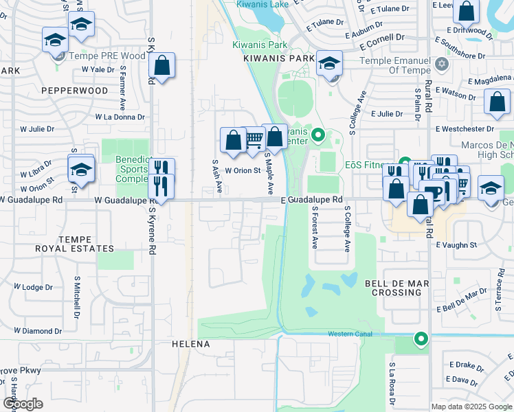 map of restaurants, bars, coffee shops, grocery stores, and more near 6422 South Maple Avenue in Tempe
