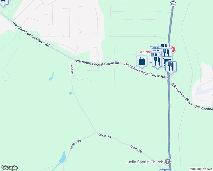 map of restaurants, bars, coffee shops, grocery stores, and more near 121 Brindle Way in Locust Grove