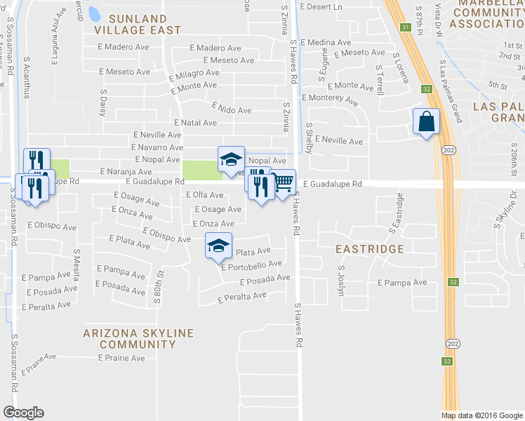 map of restaurants, bars, coffee shops, grocery stores, and more near 8257 East Guadalupe Road in Mesa