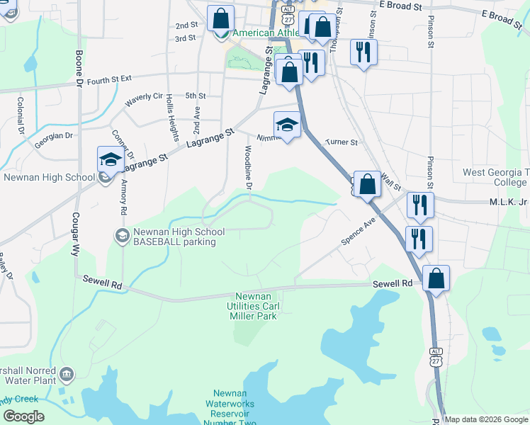 map of restaurants, bars, coffee shops, grocery stores, and more near 115 Woodbine Circle in Newnan