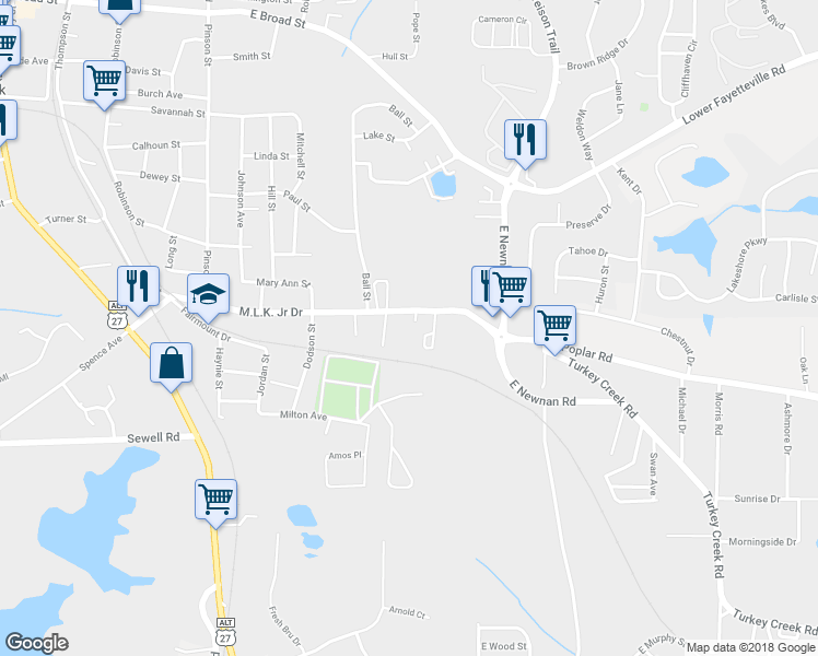 map of restaurants, bars, coffee shops, grocery stores, and more near 3 Hastings Street in Newnan