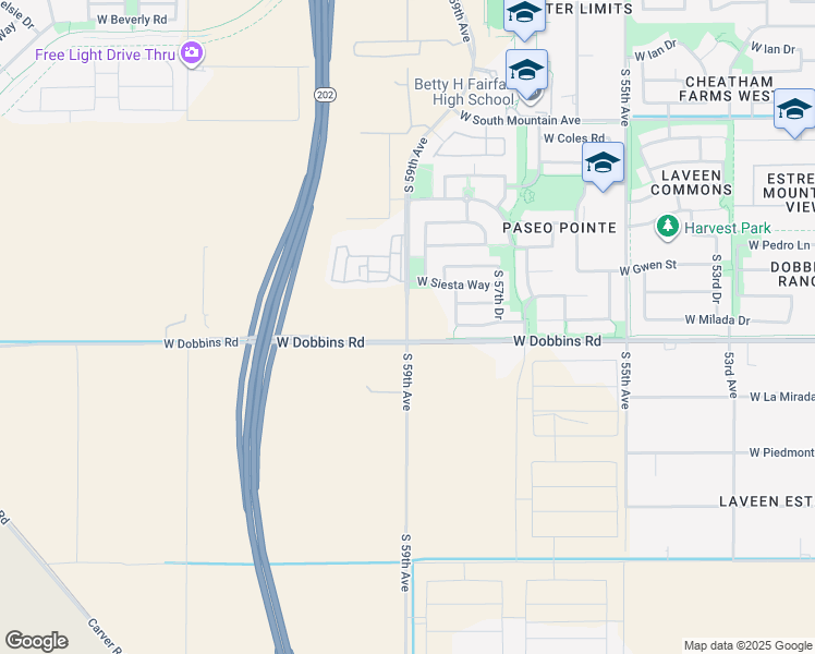 map of restaurants, bars, coffee shops, grocery stores, and more near 9100 South 59th Avenue in Phoenix