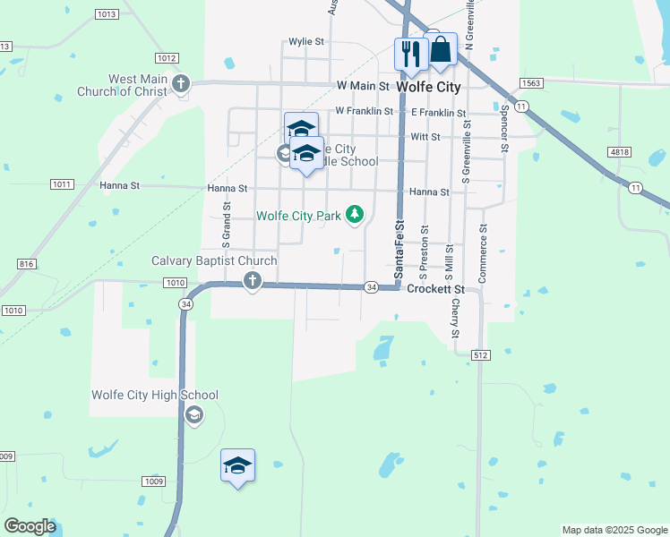 map of restaurants, bars, coffee shops, grocery stores, and more near 300 Crockett Street in Wolfe City