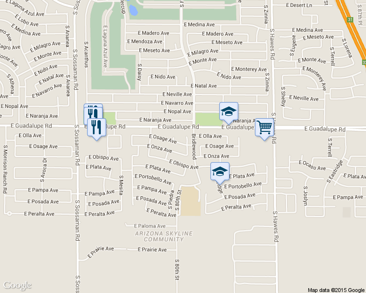 map of restaurants, bars, coffee shops, grocery stores, and more near 8010 East Onza Avenue in Mesa