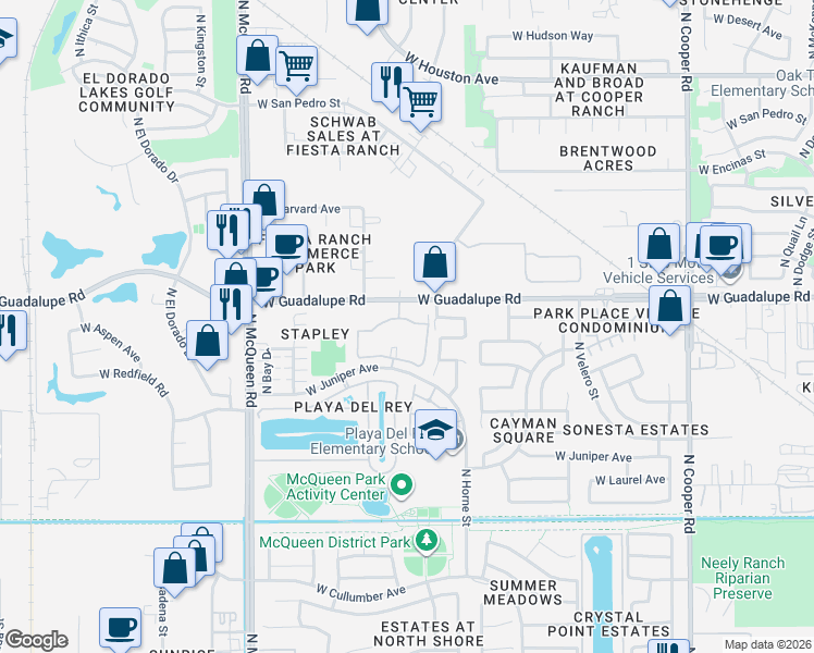 map of restaurants, bars, coffee shops, grocery stores, and more near 1333 West Guadalupe Road in Gilbert