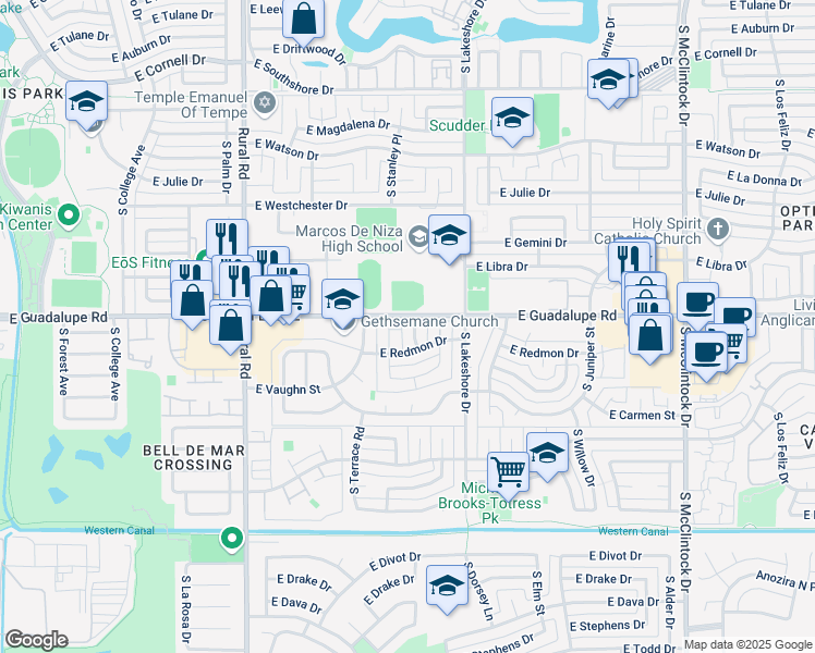 map of restaurants, bars, coffee shops, grocery stores, and more near 6421 South Newberry Road in Tempe